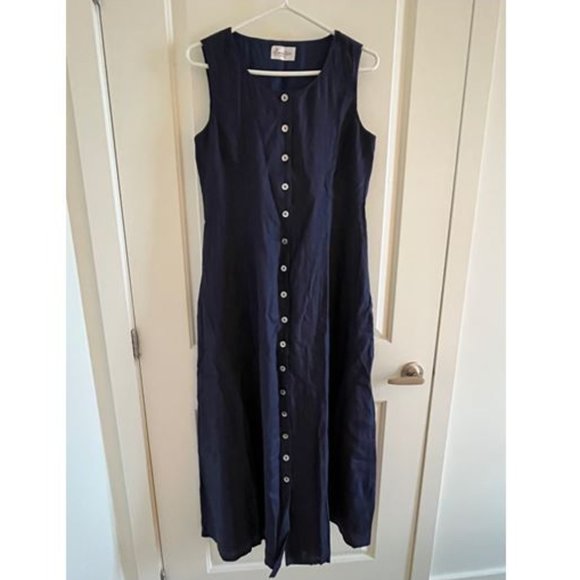 Navy Blue Maxi Dress with Buttons - 100% Linen - Picture 1 of 8